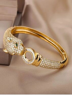 Gold Panthere Pave Crystal Bangle Bracelet